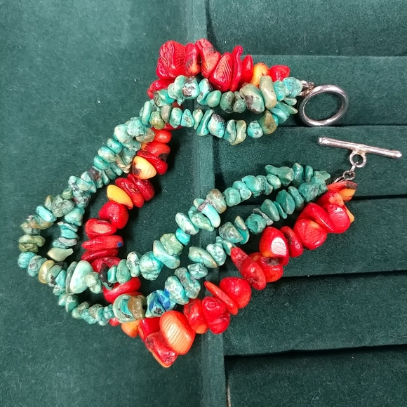 Turquoise Chip & Coral Bracelet 3 Strand 925 Sterling Silver 8" Long - Picture 6 of 16